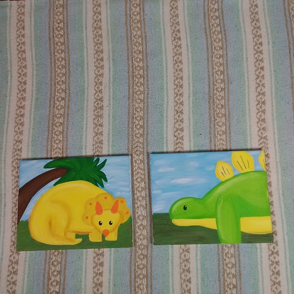 DINOSAUR PAINTINGS SET OF 2 CHILDREN'S ROOM DECOR - Picture 11 of 12